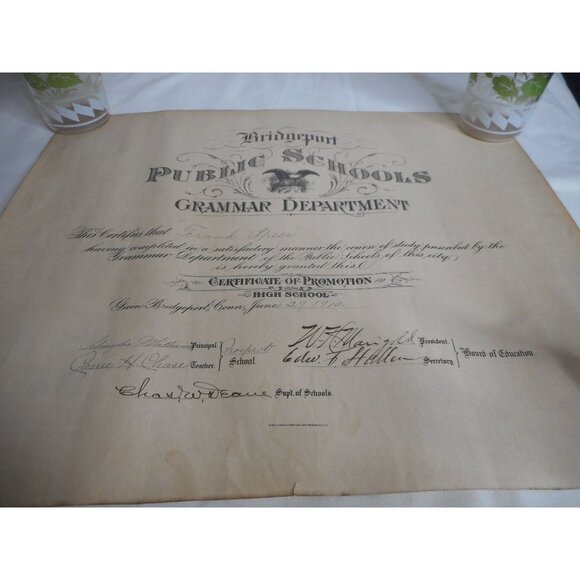 Grammar Department Certificate Graduation Speer Unframed 1910 Bridgeport CT - Picture 1 of 4